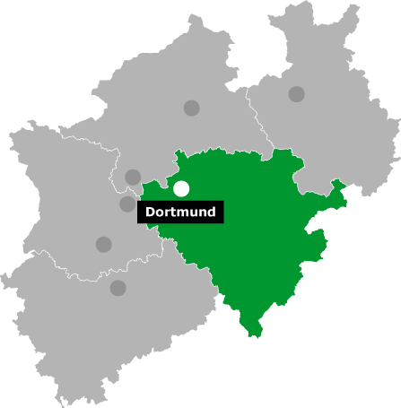 Karte des Bundeslandes Nordrhein-Westfalen. Hervorgehoben ist der Regierungsbezirk Arnsberg. Die Stadt Dortmund ist durch einen Punkt markiert.