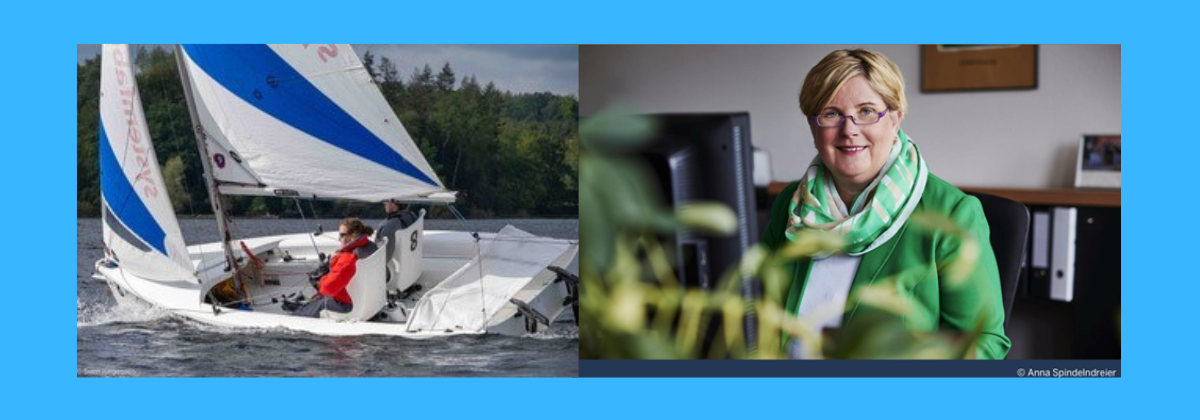 Das linke Bild zeigt Menschen mit Behinderungen, die segeln. Das rechte Bild zeigt Claudia Middendorf. Sie ist die Beauftragte der Landesregierung Nordrhein-Westfalen  für Menschen mit Behinderungen und Patientinnen und Patienten. 