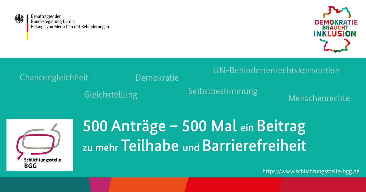Auf der Kachel steht: 500 Anträge - 500 Mal ein Beitrag zu mehr Teilhabe und Barrierefreiheit