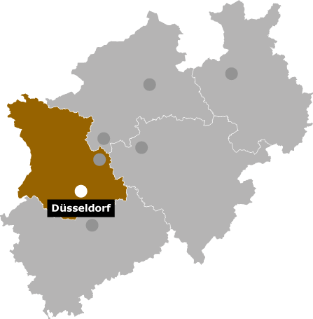 Karte des Bundeslandes Nordrhein-Westfalen. Hervorgehoben ist der Regierungsbezirk Düsseldorf. Die Stadt Düsseldorf ist durch einen Punkt markiert.