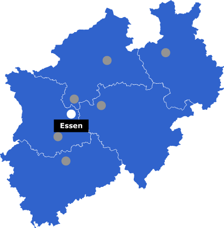 Karte des Bundeslandes Nordrhein-Westfalen. Hervorgehoben ist das gesamte Bundesland. Die Stadt Essen ist durch einen Punkt markiert.