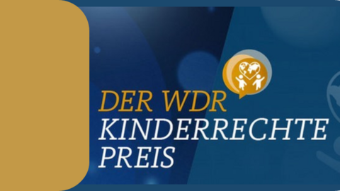 Schriftzug WDR Kinderrechtepreis auf dunkelblauem Hintergrund