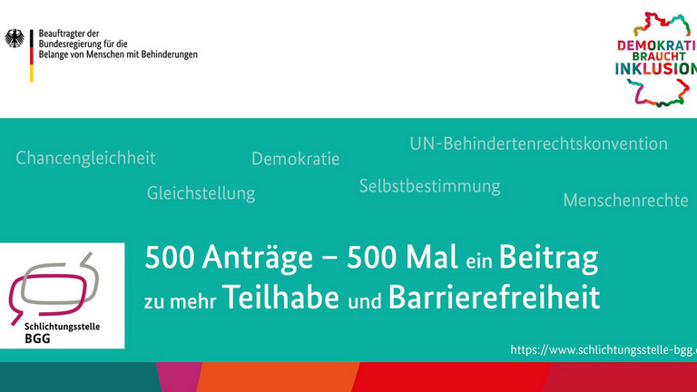 Auf der Kachel steht: 500 Anträge - 500 Mal ein Beitrag zu mehr Teilhabe und Barrierefreiheit