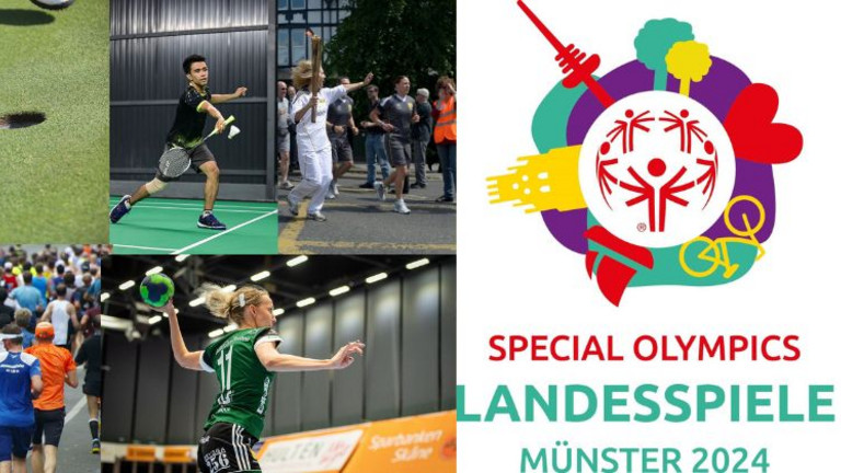 Das Bild zeigt das Logo Special Olympics Landesspiele Münster 2024 in Leichter Sprache und die Sportarten, die bei den Verstaltungen im Regierungsbezirk Arnsberg gespielt werden.