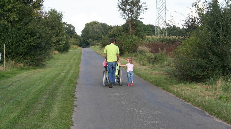 Mutter im Rollstuhl, Vater und Kind auf Parkweg