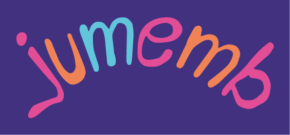 jumemb - Schriftzug in pink-orange-türkisen Farben auf lilafarbenem Untergrund