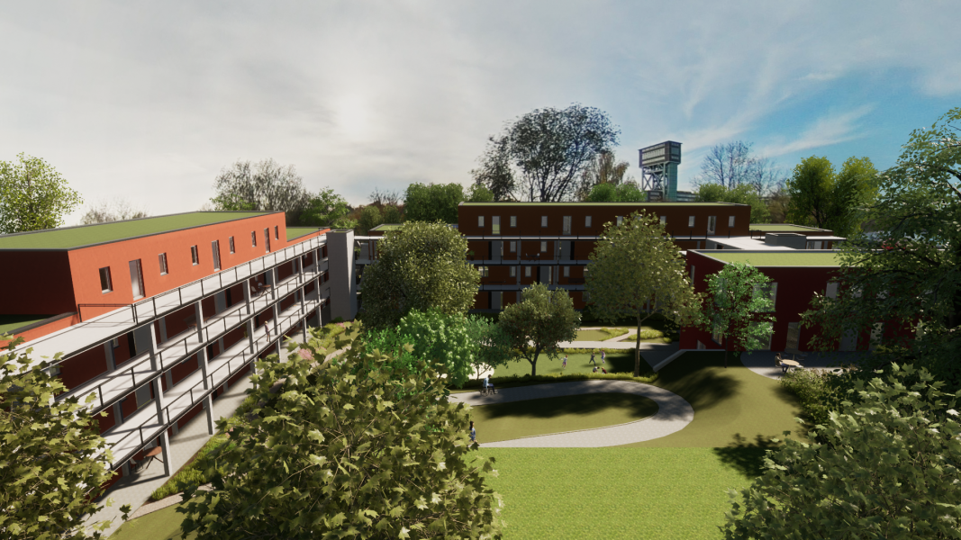 Visualisierung die einen Überblick von oben auf das Gebäudeensemble zeigt.