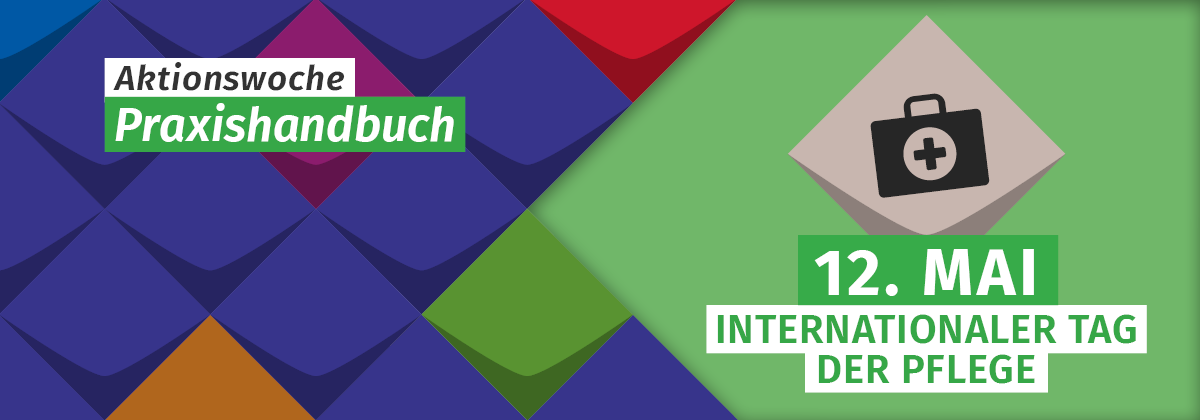 2 Hinweise: Aktionswoche Praxishandbuch Vielfalt Pflegen steht auf bunten Kacheln der KSL.NRW/12. Mai ist Internationaler Tag der Pflege