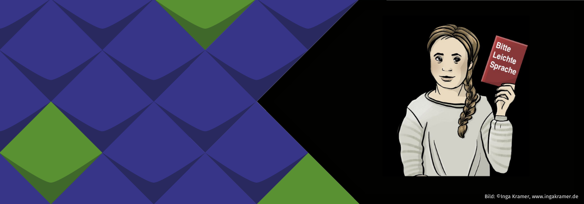 Das Bild ist ein Bild für Leichte Sprache von Inga Kramer. Das Bild zeigt ein Mädchen, das eine Karte hochhält. Auf der Karte steht Bitte Leichte Sprache!