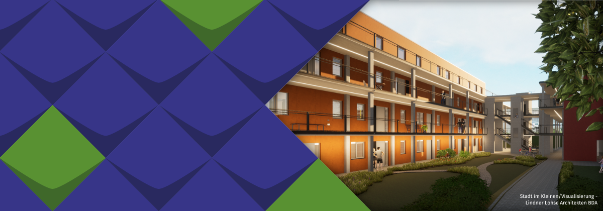 Die Visualisierung der Stadt im Kleinen zeigt, zwei der Gebäude mit den Laubengängen und einen begrünten Innenhof. Die Fassade des größeren Hauses ist orangefarben.