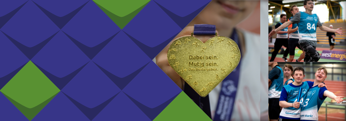 Fotos von der Sport-Tour in Dortmund: eines zeigt die herzförmige Goldmedaille, in deren Mitte steht: "Dabei sein. Mutig sein. Das Beste geben." Rechts daneben zwei kleinere Fotos, auf einem läuft ein junger Mann mit ausgebreiteten Armen vorneweg, hinter ihm andere Laufende. Außerdem ein Foto von zwei jungen Männern, die sich umarmen und in die Kamera lachen. Einer von ihnen hält einen Staffelstab.