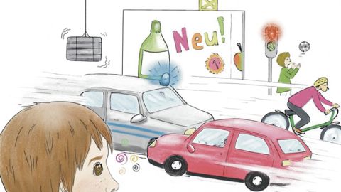 Das Bild zeigt die Ursachen vieler Alltagsgeräusche, zum Beispiel Autolärm.