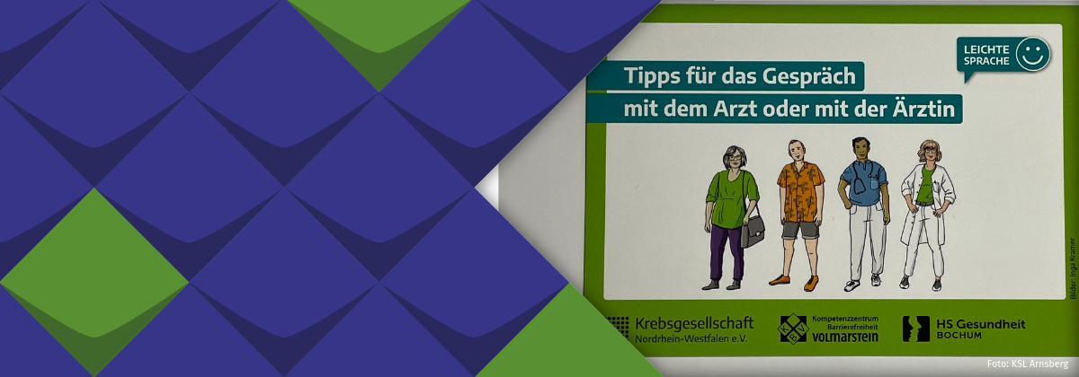 Banner zur Krebsvorsorge - Abbildung einer Broschüre zu Arzgesprächen in Leichter Sprache