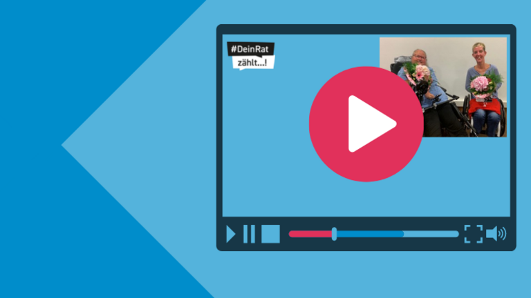Foto von Frau Andrea Hanisch und Nicole Lemkens vom Behindertenbeirat in Brüggen, DeinRatZählt Logo, Bildschirm mit Videologo