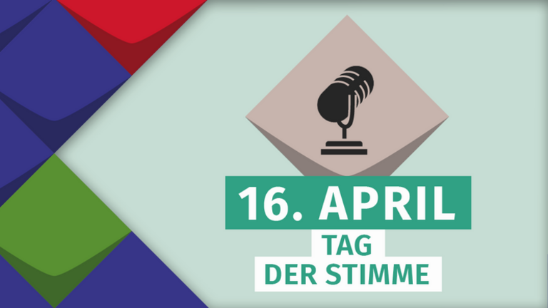 Symbol eines Mikofons. Es steht geschrieben: 16. Apil, Tag der Stimme