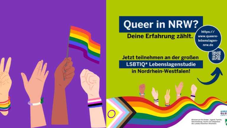Das Bild zeigt auf der rechten Seite einen Post zu der LSBTQ*-Lebenslagenstudie auf Instagram. Der Post bewirbt die Studie und sagt, wo Sie mitmachen können. Auf der linken Seite von dem Bild halten verschiedene Hände Regebogenflaggen. Die Regenboggenflagge ist ein Zeichen von der LSBTQ*-Community.
