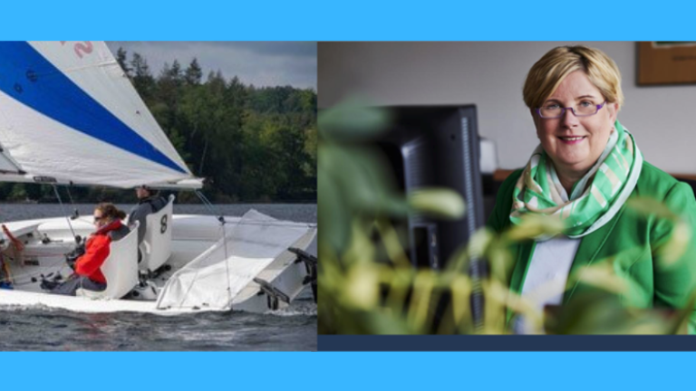 Das linke Bild zeigt Menschen mit Behinderungen, die segeln. Das rechte Bild zeigt Claudia Middendorf. Sie ist die Beauftragte der Landesregierung Nordrhein-Westfalen  für Menschen mit Behinderungen und Patientinnen und Patienten. 