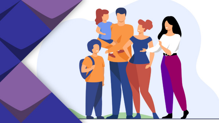 Illustration von einer Familie, die aus fünf Personen besteht. 