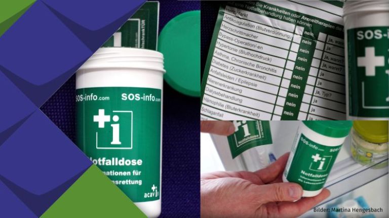Die Bilder zeigen die Notfalldose, das Infoblatt und die Notfalldose im Kühlschrank