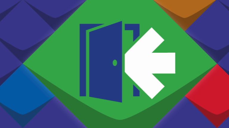 Bunte Quadrate in blau, rot, grün, gelb und lila. In einem großen Quadrat ist eine geöffnete Tür, in die ein weißer Pfeil zeigt.