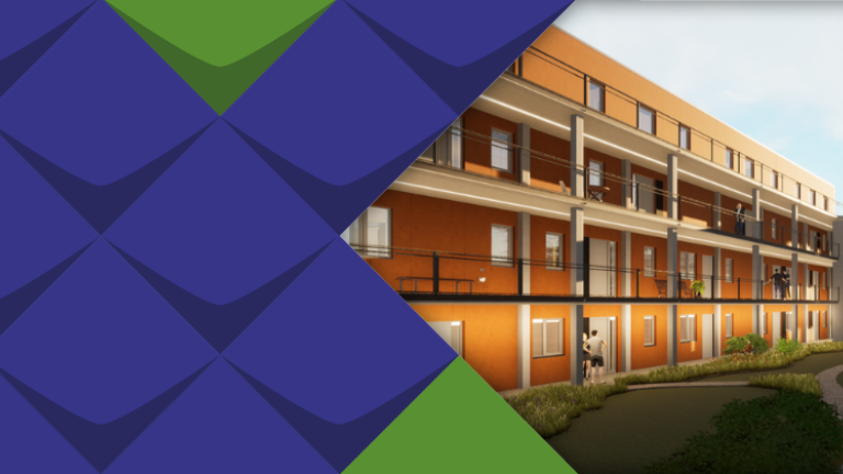 Die Visualisierung der Stadt im Kleinen zeigt, zwei der Gebäude mit den Laubengängen und einen begrünten Innenhof. Die Fassade des größeren Hauses ist orangefarben.