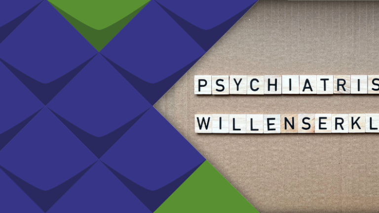 ein Schriftzug, zusammengesetzt aus Buchstabenplättchen:Psychiatrische Willenserkläung