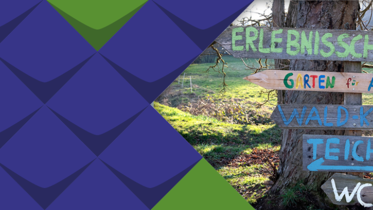 Holzschilder an einem Baum weisen den Weg zum Garten für Alle und zu anderen Orten im Naturschutzzentrum